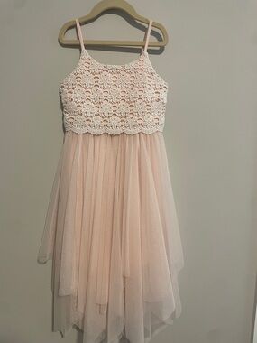 Girls' Blush Lace Bodice Tulle Dress with Spaghetti Straps